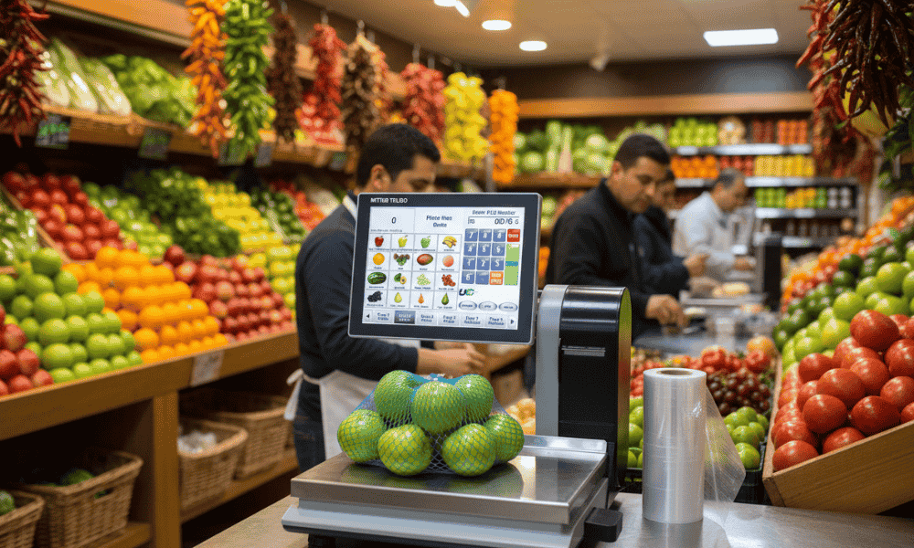 Balanza comercial en el contexto de una frutería.