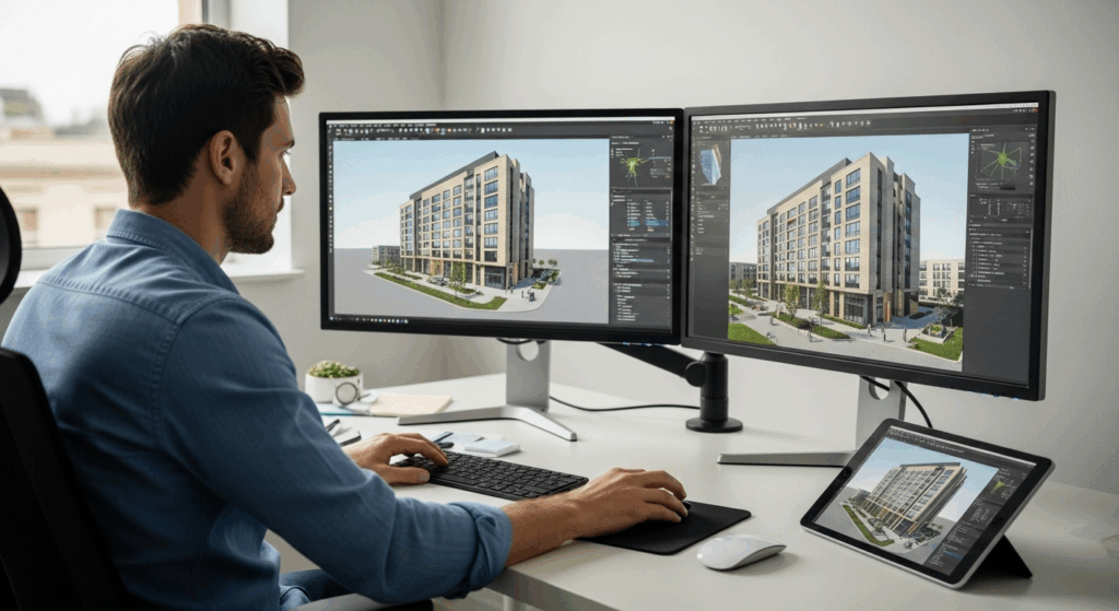 Diseñador gráfico trabajando en una workstation profesional para proyectos CAD.