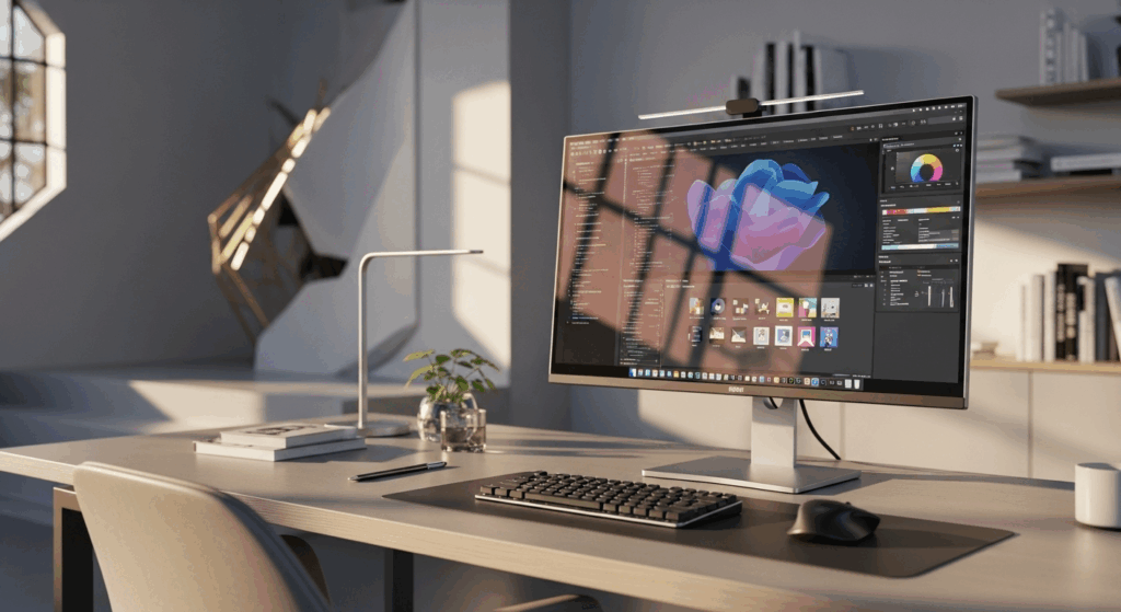 Estación de trabajo con monitor ultrawide en un entorno profesional.