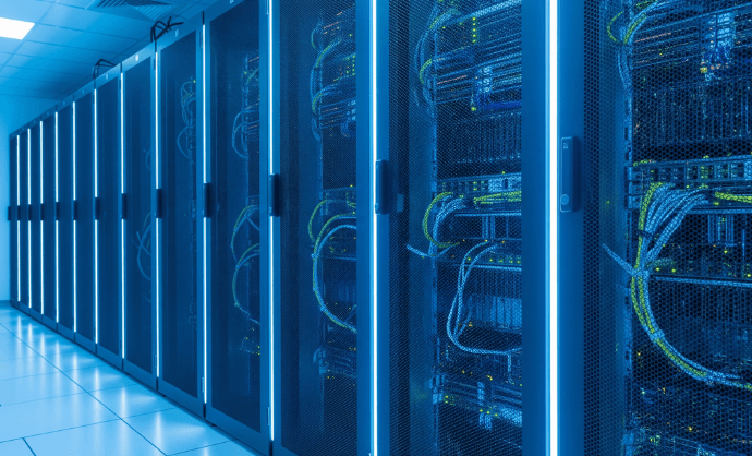 Armarios rack con servidores 1U/2U, PDUs y cableado estructurado en centro de datos profesional