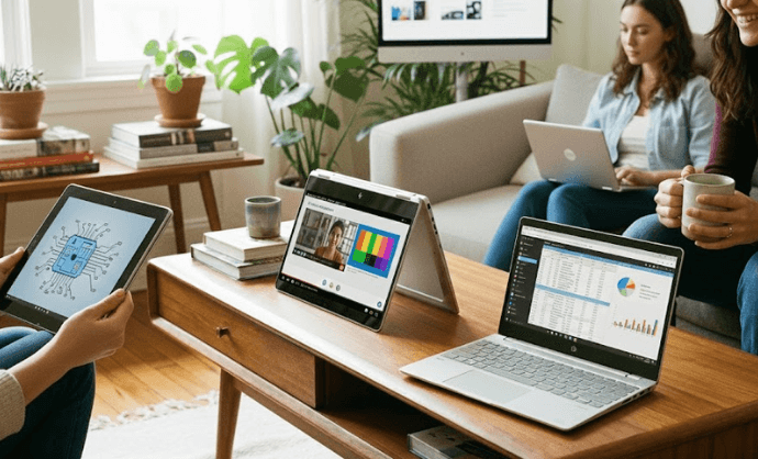 Personas trabajando en un entorno profesional con portátiles convertibles 2 en 1 en diferentes modos de uso