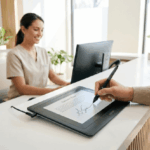 Paciente firmando consentimiento en una tablet para firmar documentos sobre el mostrador de una clínica, con captura biométrica de la firma