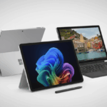 Tres dispositivos Surface de Microsoft en configuración de trabajo híbrida