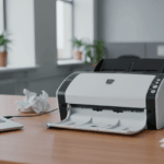 Escáner de documentos sobre un escritorio junto a un portátil, con hojas listas para digitalizar en una oficina.