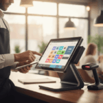 TPV táctil en la barra de un restaurante moderno gestionando mesas y pagos digitales.