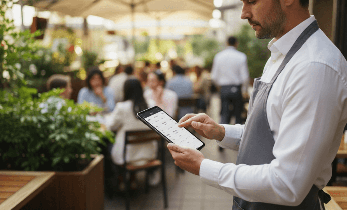 Camarero utilizando un TPV móvil tipo tablet para registrar pedidos en terraza de restaurante.