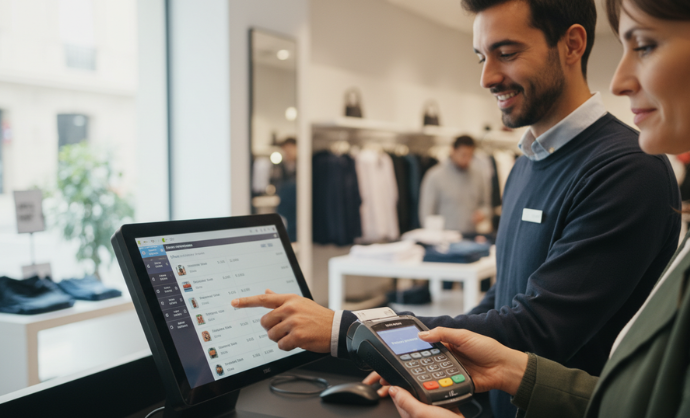 Sistema TPV táctil gestionando venta en tienda con pago en datáfono independiente.