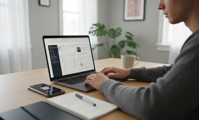 Estudiante utilizando un portátil para estudiar y trabajar con apuntes