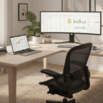 Espacio de teletrabajo en casa con portátil conectado a monitor externo, teclado y ratón inalámbricos en un escritorio minimalista