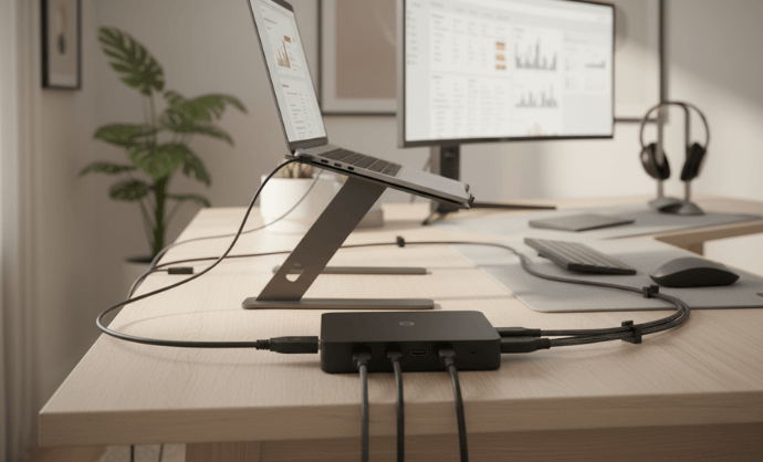Dock station USB-C conectado a un portátil con monitor externo, teclado y ratón en un setup de teletrabajo organizado en escritorio.