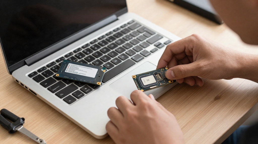 Técnico de hardware cambiando el disco duro de un portátil a SSD