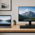 Comparativa de espacio de trabajo con portátil frente a monitor externo con teclado y ratón en un escritorio de teletrabajo.