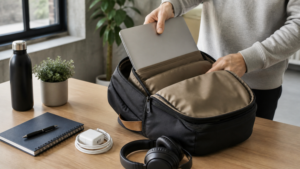 Persona guardando un portátil en una mochila junto a accesorios de trabajo, como cargador, auriculares y libreta, en un escritorio.