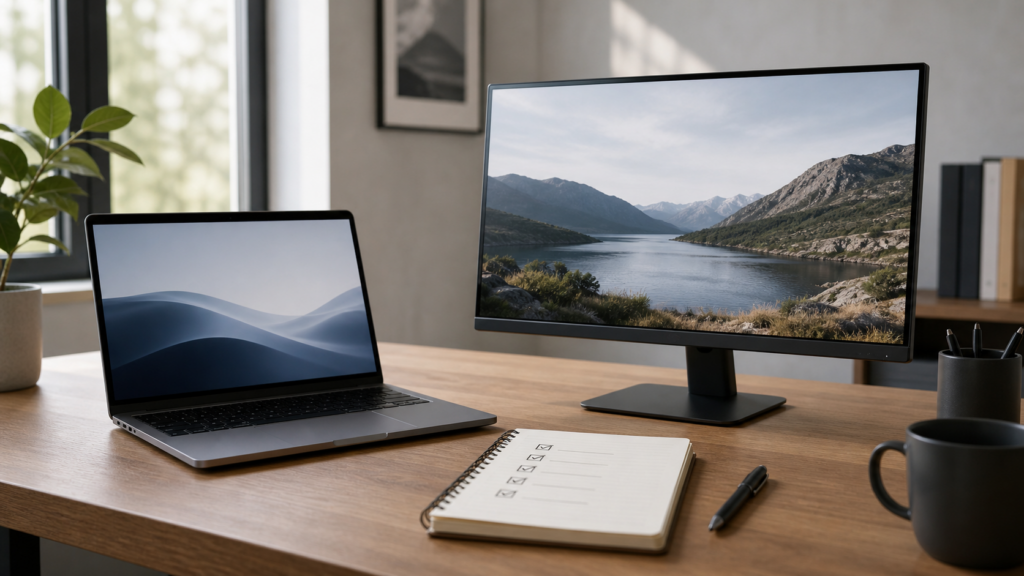 Escritorio de teletrabajo con portátil, monitor externo, libreta y accesorios, mostrando una configuración cómoda para trabajar desde casa.