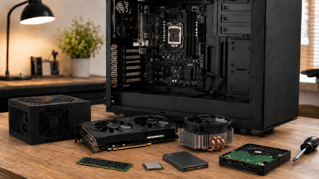 Torre de PC abierta sobre una mesa con la placa base instalada y varios componentes externos preparados para su montaje, como fuente de alimentación, tarjeta gráfica, RAM, procesador, SSD, disco duro y disipador.