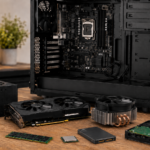 Torre de PC abierta sobre una mesa con la placa base instalada y varios componentes externos preparados para su montaje, como fuente de alimentación, tarjeta gráfica, RAM, procesador, SSD, disco duro y disipador.