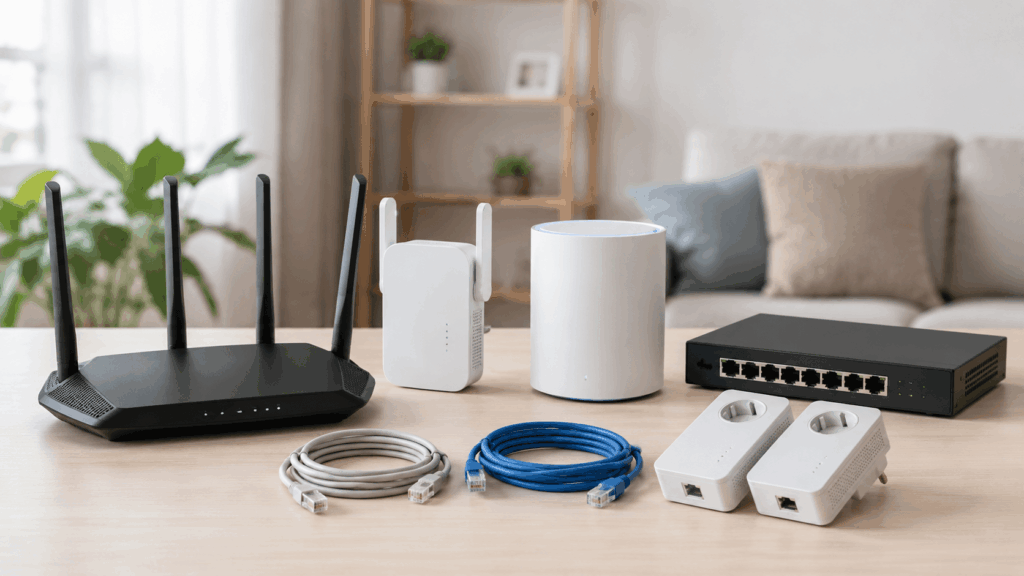 Dispositivos para mejorar la conexión WiFi en casa, incluyendo router, repetidor, Mesh, switch, cables y PLC