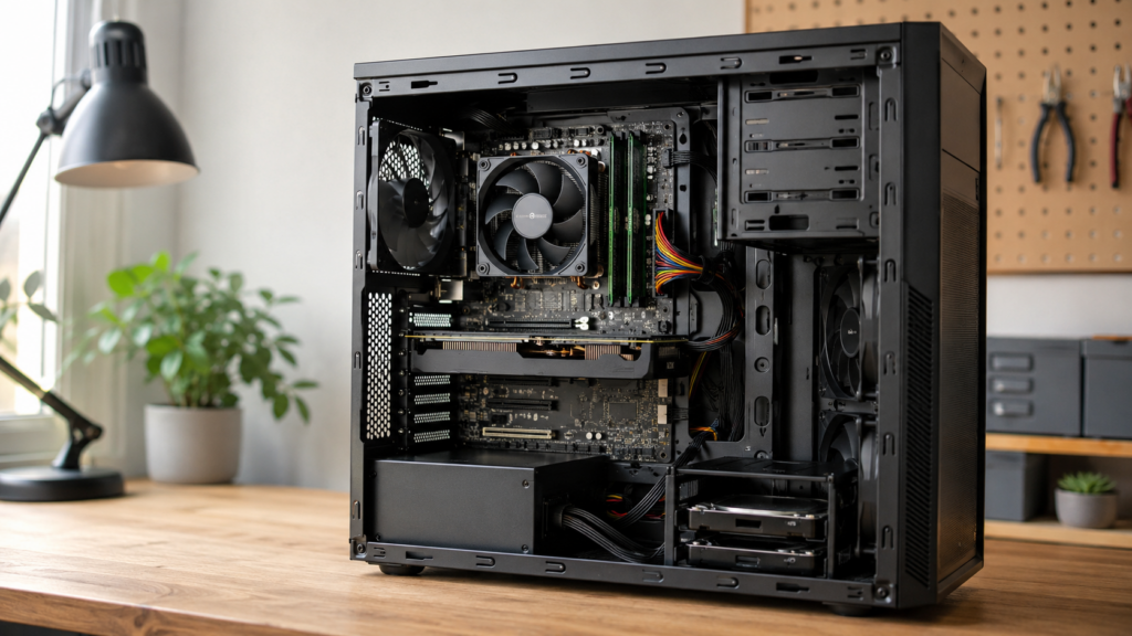 Torre de PC abierta sobre una mesa con sus componentes internos visibles, incluyendo placa base, memoria RAM, disipador, tarjeta gráfica, fuente de alimentación, ventiladores y unidades de almacenamiento.