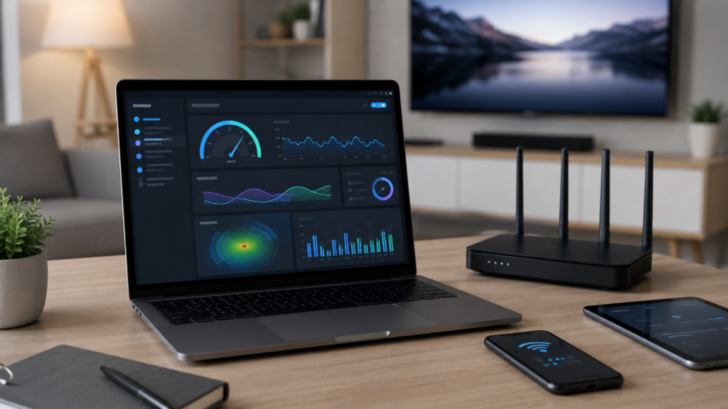 Portátil mostrando un análisis de señal WiFi junto a un router y dispositivos conectados en una mesa de casa