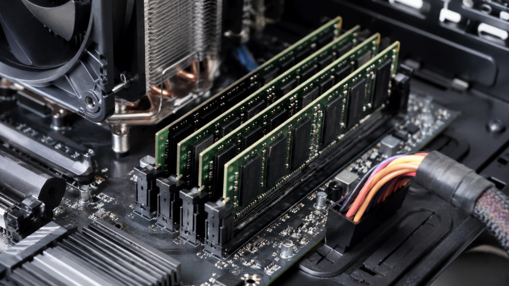 Primer plano de varios módulos de memoria RAM instalados en las ranuras de una placa base, junto al disipador del procesador y el cableado interno del ordenador.