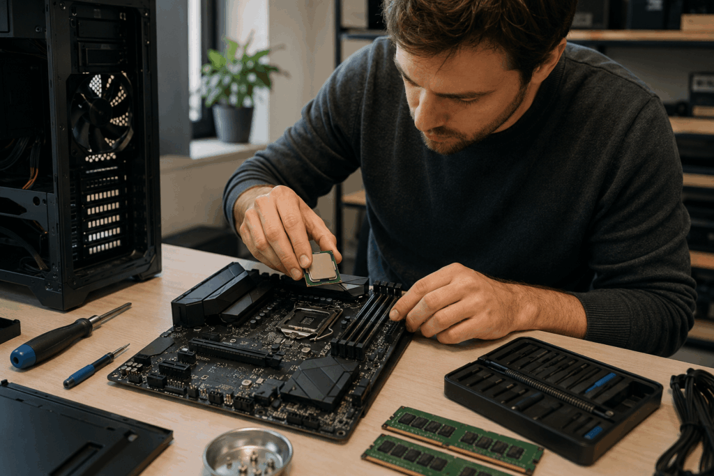 Persona instalando un procesador en una placa base sobre una mesa de montaje con memoria RAM y herramientas informáticas.