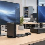 Thin client y mini PC compactos sobre una mesa técnica en una oficina.