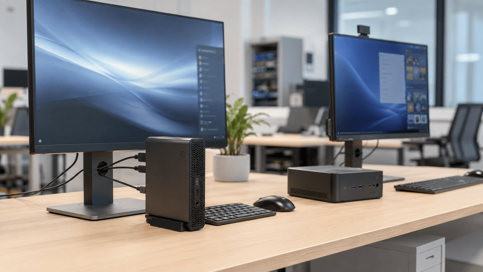 Thin client y mini PC compactos sobre una mesa técnica en una oficina.