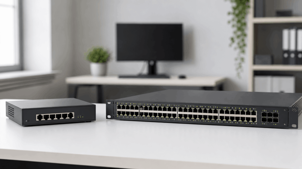Comparativa visual entre un switch no gestionable compacto y un switch gestionable empresarial con múltiples puertos Ethernet.