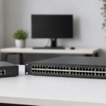 Comparativa visual entre un switch no gestionable compacto y un switch gestionable empresarial con múltiples puertos Ethernet.