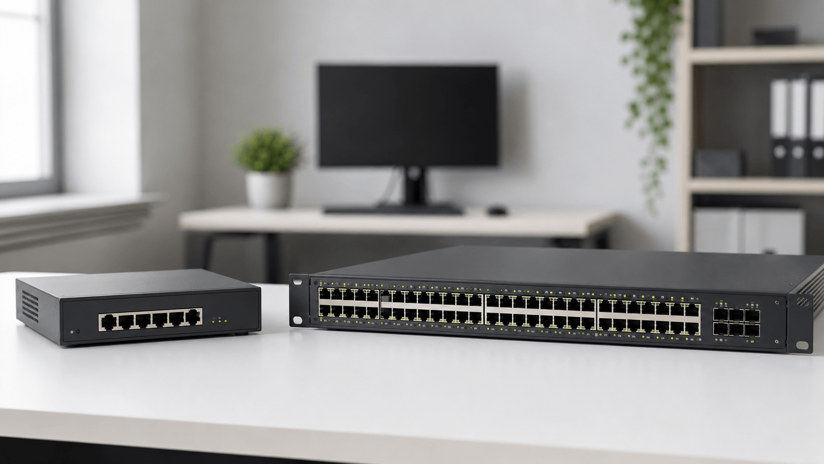 Comparativa visual entre un switch no gestionable compacto y un switch gestionable empresarial con múltiples puertos Ethernet.