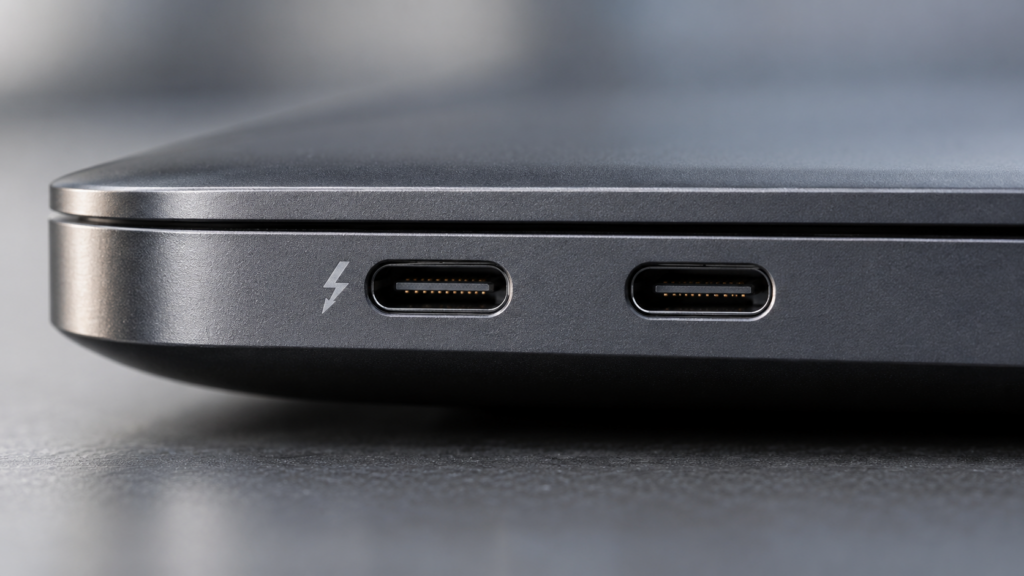 Primer plano de dos puertos USB-C de un portátil, uno identificado con el símbolo de Thunderbolt.