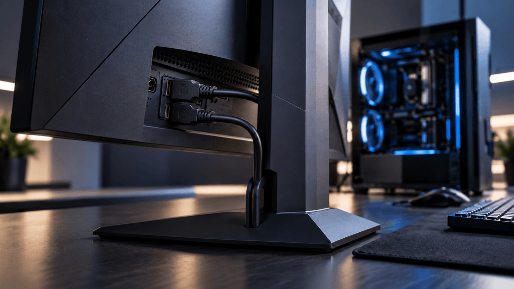 Monitor gaming de alta frecuencia conectado mediante DisplayPort junto a un cable HDMI.