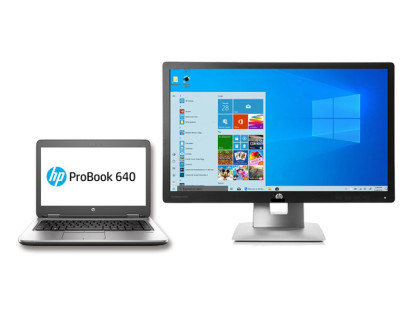 Pack HP ProBook 640 G2 reacondicionado con portátil de 14" y monitor HP E232 de 23" juntos de frente.